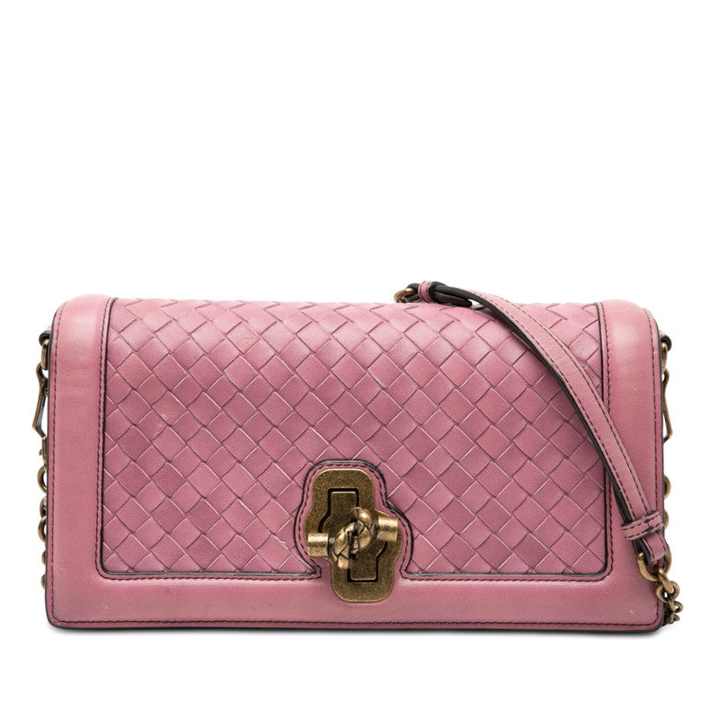 ボッテガヴェネタ イントレチャート シティノット チェーン ショルダーバッグ ピンク レザー レディース BOTTEGAVENETA 【中古】