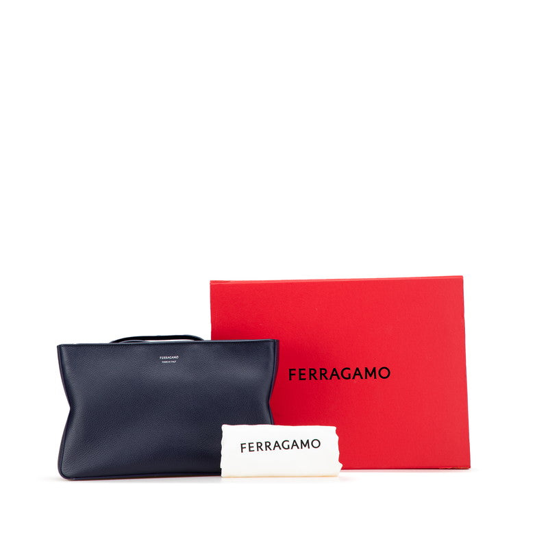 サルヴァトーレフェラガモ ロゴ セカンドバッグ ネイビー レザー レディース Salvatore Ferragamo 【中古】