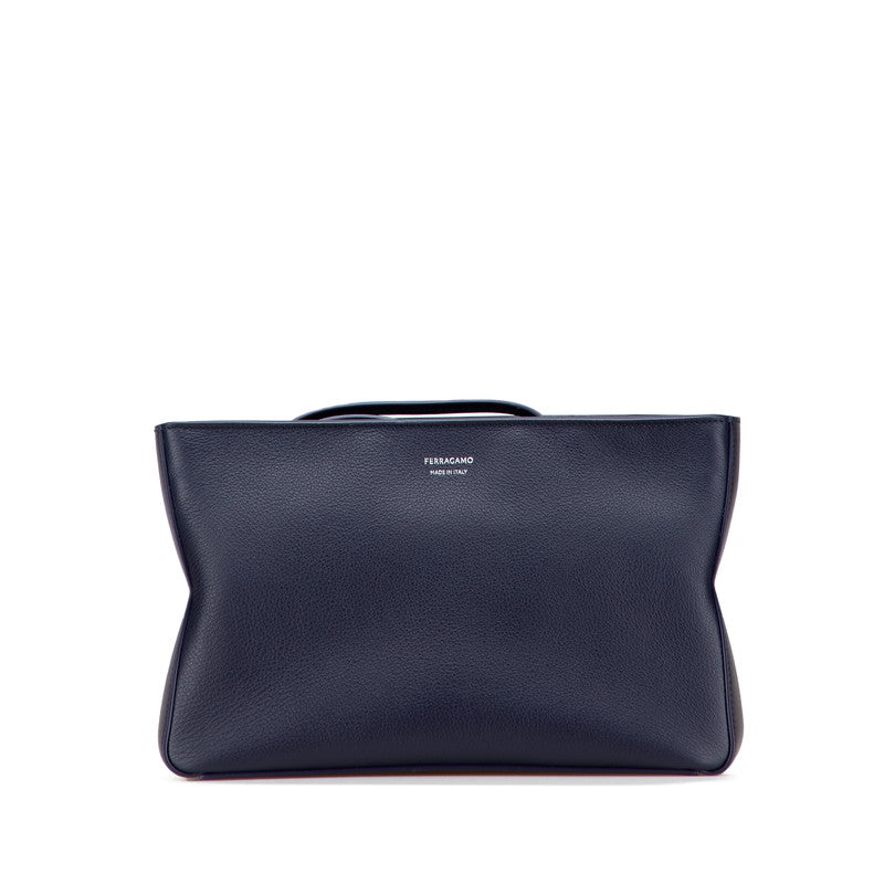 サルヴァトーレフェラガモ ロゴ セカンドバッグ ネイビー レザー レディース Salvatore Ferragamo 【中古】