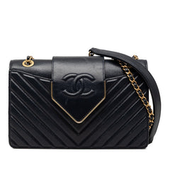 シャネル シェブロン Vステッチ ココマーク チェーン ショルダーバッグ ネイビー ゴールド レザー レディース CHANEL 【中古】