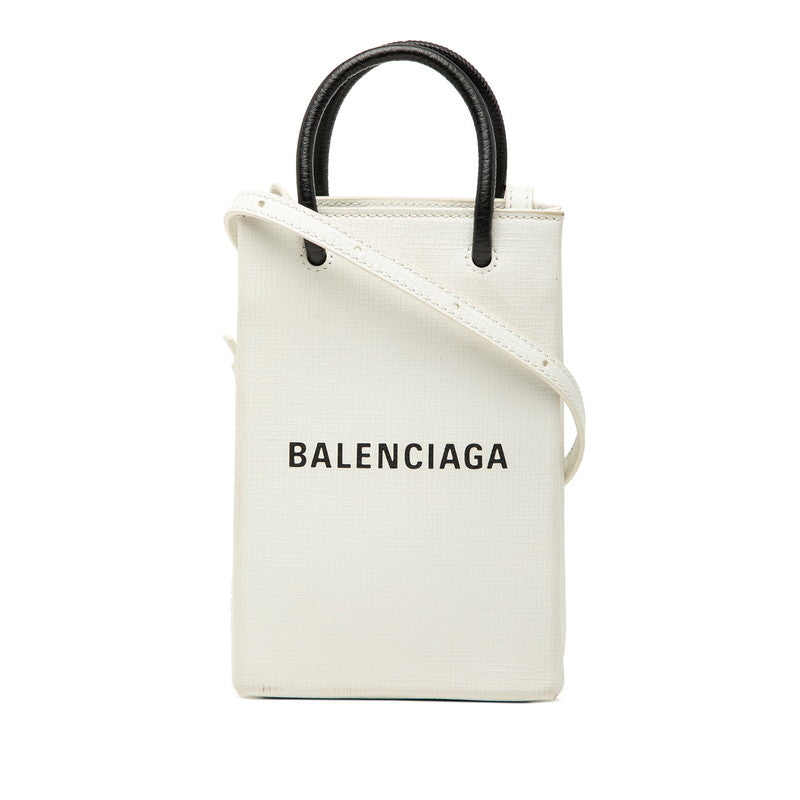 バレンシアガ ショッピング フォンホルダー ハンドバッグ ショルダーバッグ 593826 ホワイト ブラック レザー レディース BALENCIAGA 【中古】