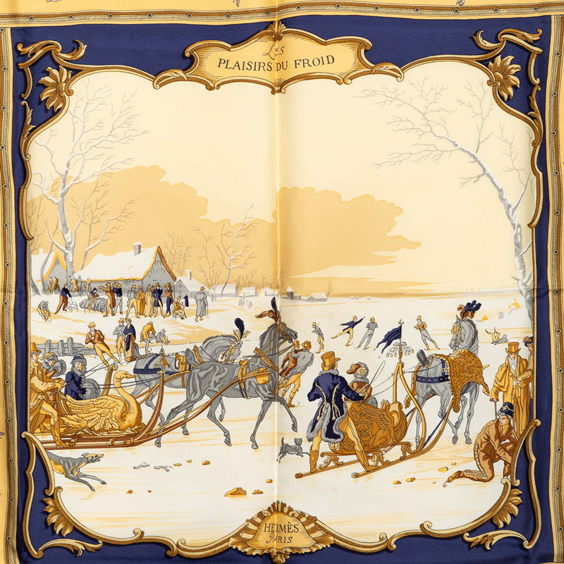 エルメス カレ90 PLAISIRS DU FROID 氷上の喜び スカーフ ネイビー ベージュ マルチカラー シルク レディース HERMES 【中古】