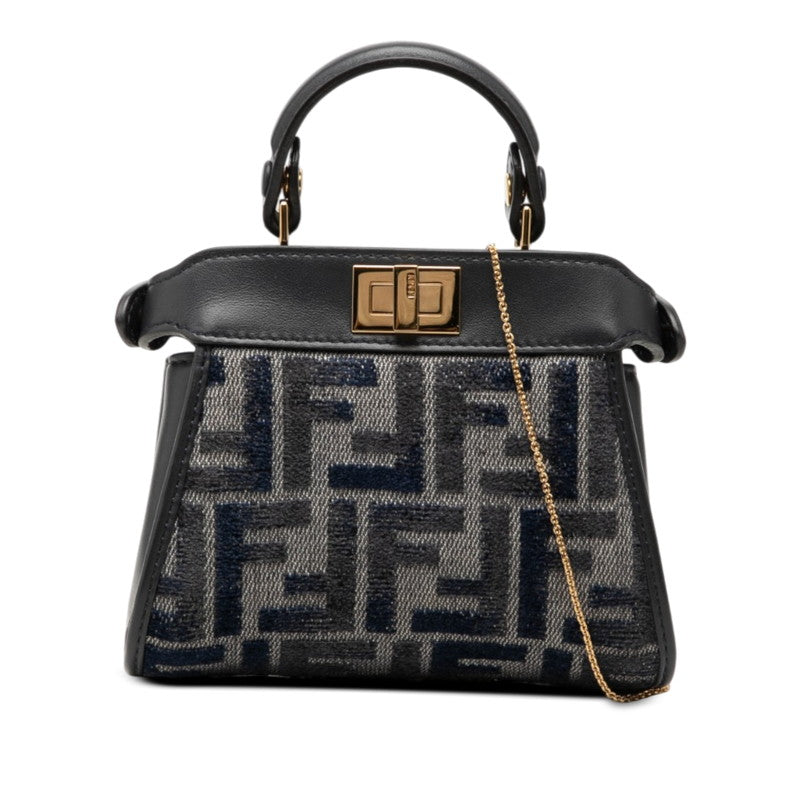 フェンディ ズッカ ナノ ピーカブー ハンドバッグ ショルダーバッグ 2WAY 7AS294 ネイビー キャンバス レザー レディース FENDI 【中古】