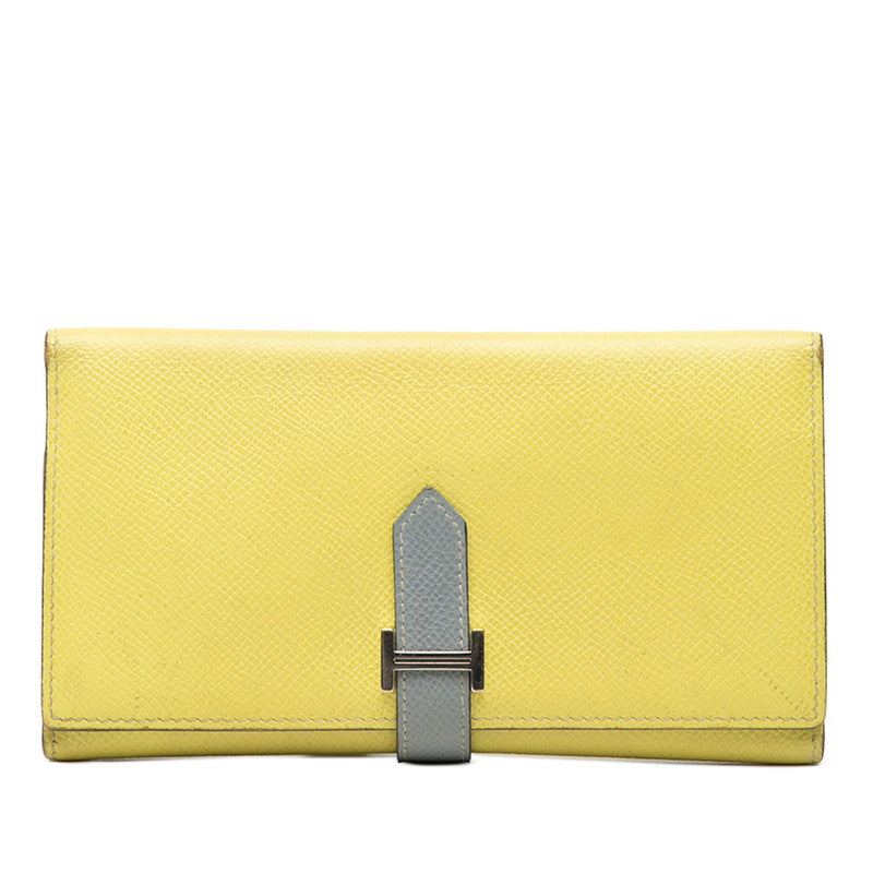 エルメス ベアン 2PLIS バイカラー 三つ折り財布 イエロー グレー ヴォーエプソン レディース HERMES 【中古】