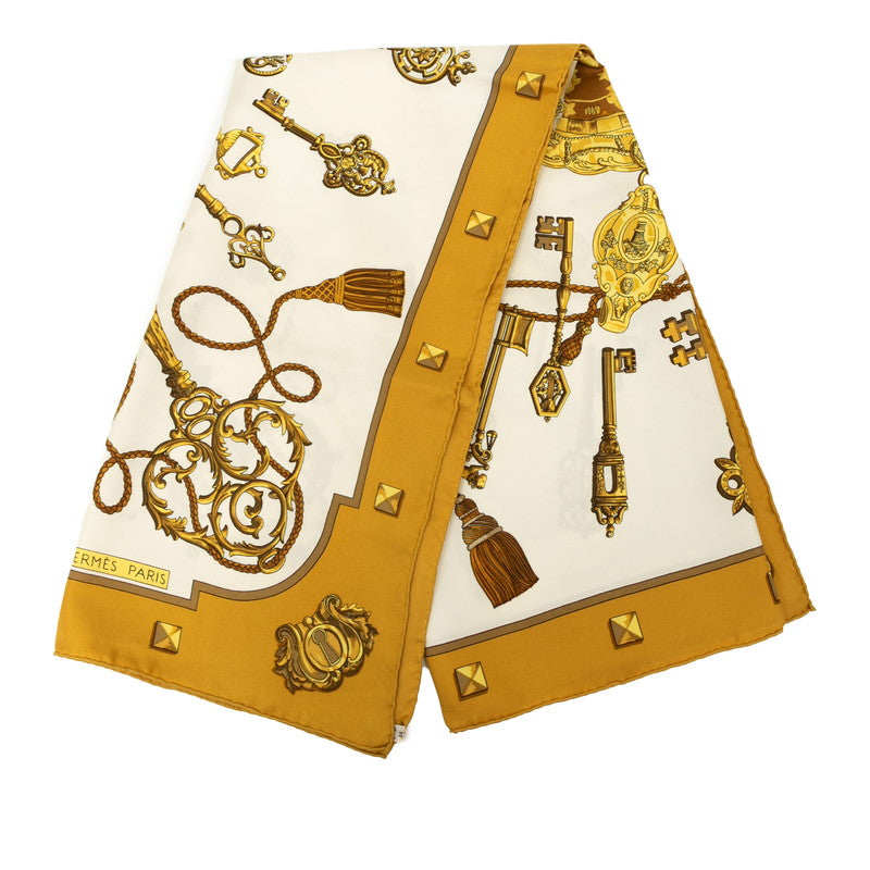 エルメス カレ90 LES CLES 鍵 スカーフ ゴールド ホワイト マルチカラー シルク レディース HERMES 【中古】