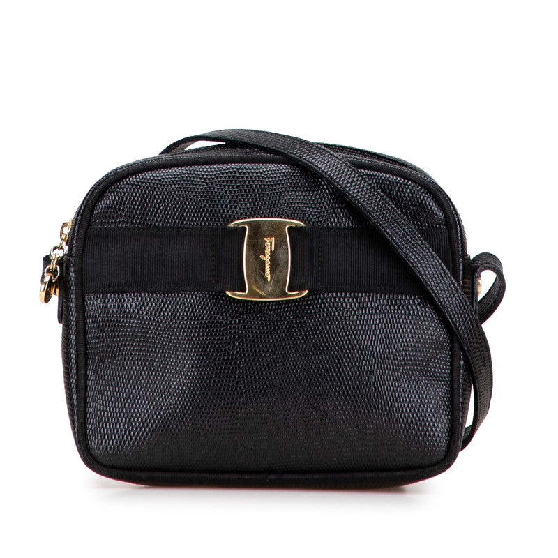 サルヴァトーレフェラガモ ヴァラ リザード型押し ショルダーバッグ ブラック レザー レディース Salvatore Ferragamo 【中古】