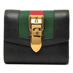 グッチ シェリーライン シルヴィ 三つ折り財布 476081 ブラック ゴールド レザー レディース GUCCI 中古