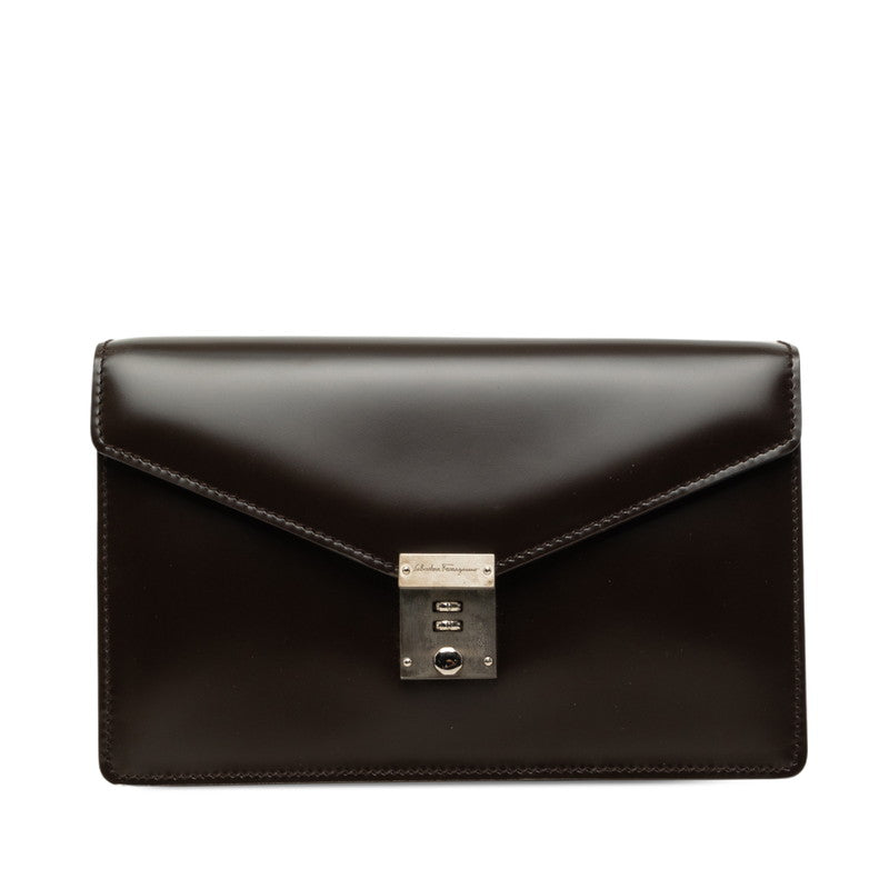 サルヴァトーレフェラガモ ダイヤルロック セカンドバッグ EP-24 1001 ダークブラウン レザー メンズ Salvatore Ferragamo 【中古】