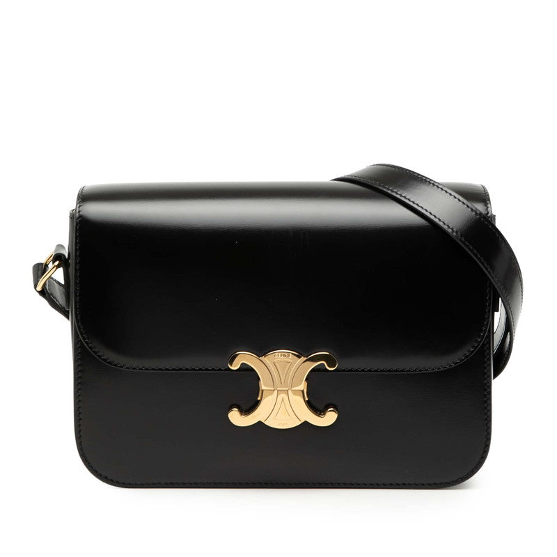 セリーヌ トリオンフ ティーン 斜め掛け ショルダーバッグ ブラック シャイニーカーフスキン レディース CELINE 【中古】