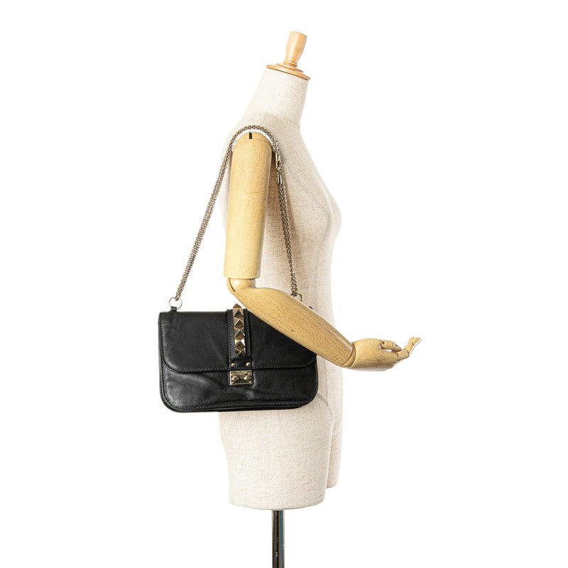 ヴァレンチノ ロックスタッズ チェーン ショルダーバッグ ブラック レザー レディース Valentino 【中古】