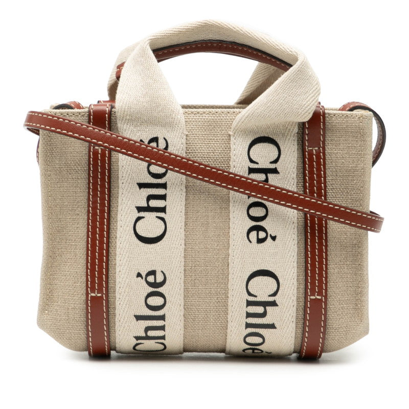クロエ ウッディ ミニ ハンドバッグ ショルダーバッグ 2WAY ベージュ ブラウン キャンバス レザー レディース Chloe 【中古】