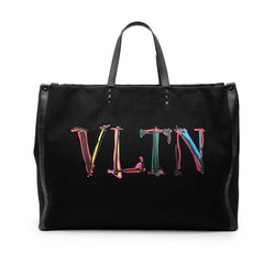 ヴァレンチノ ロックスタッズ VLTNロゴ ラージ トートバッグ 肩掛け ブラック キャンバス レザー レディース Valentino 【中古】