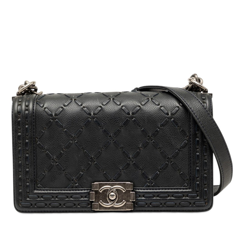 シャネル ボーイシャネル25 斜め掛け チェーン ショルダーバッグ ネイビー マットキャビアスキン レディース CHANEL 【中古】