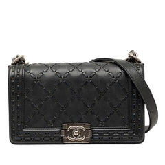シャネル ボーイシャネル25 斜め掛け チェーン ショルダーバッグ ネイビー マットキャビアスキン レディース CHANEL 【中古】