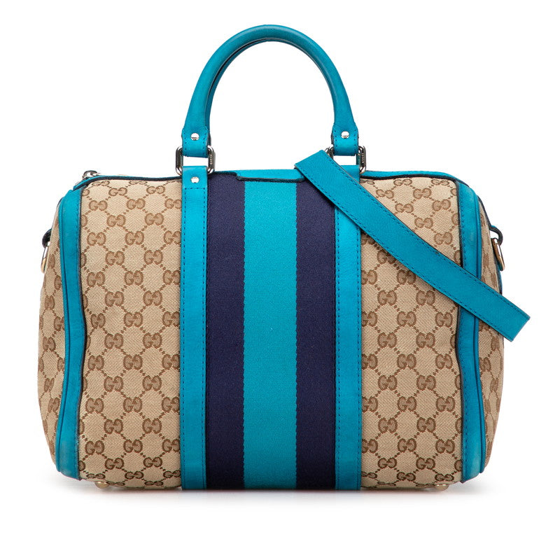 グッチ GGキャンバス ミニボストンバッグ ショルダーバッグ 2WAY 247205 ベージュ ブルー キャンバス レザー レディース GUCCI 【中古】