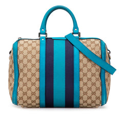 グッチ GGキャンバス ミニボストンバッグ ショルダーバッグ 2WAY 247205 ベージュ ブルー キャンバス レザー レディース GUCCI 【中古】