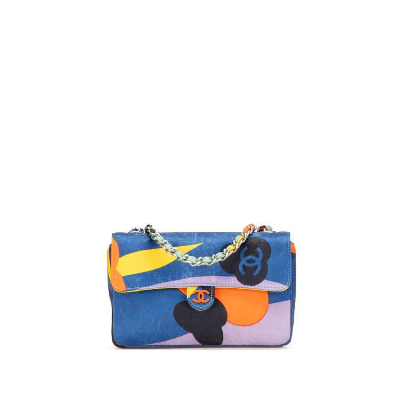 シャネル ココマーク プリント ミニ チェーン ショルダーバッグ ブルー マルチカラー サテン レディース CHANEL 【中古】
