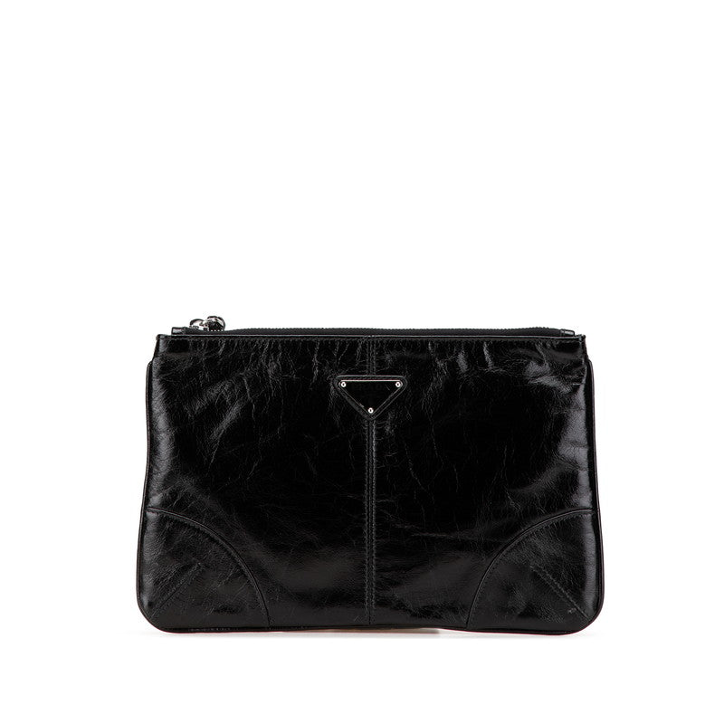 プラダ 三角ロゴプレート クラッチバッグ ブラック レザー レディース PRADA 【中古】