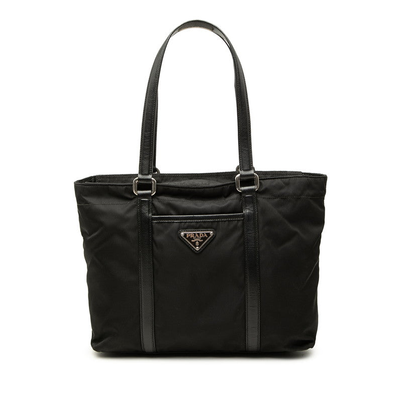 プラダ テスート 三角ロゴプレート トートバッグ ハンドバッグ ブラック ナイロン サフィアーノレザー レディース PRADA 中古