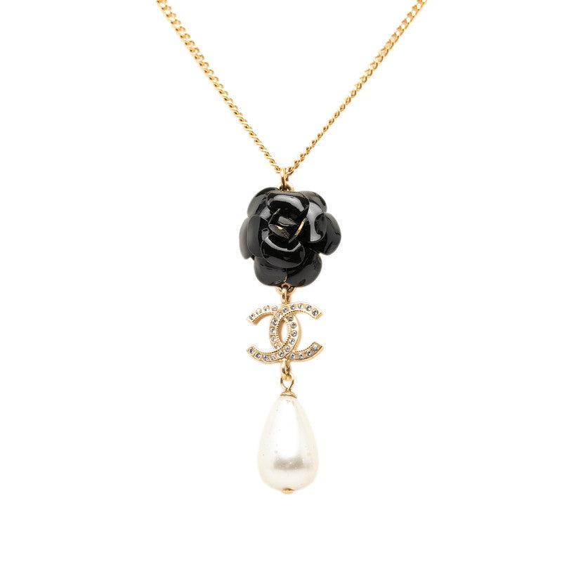シャネル ココマーク カメリア ネックレス A20A ゴールド ブラック メッキ フェイクパール ラインストーン レディース CHANEL 【中古】