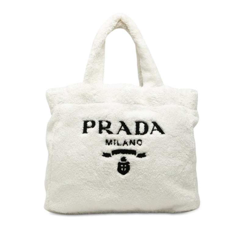 プラダ 三角ロゴプレート トートバッグ ハンドバッグ ホワイト パイル レディース PRADA 中古