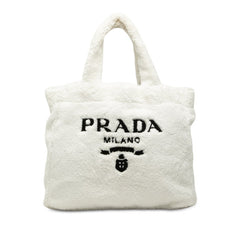 プラダ 三角ロゴプレート トートバッグ ハンドバッグ ホワイト パイル レディース PRADA 中古