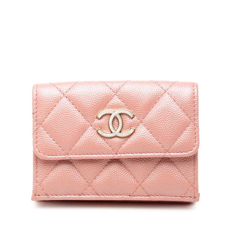 シャネル マトラッセ ココマーク 三つ折り財布 コンパクトウォレット ピンク キャビアスキン レディース CHANEL 中古
