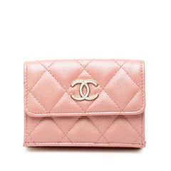 シャネル マトラッセ ココマーク 三つ折り財布 コンパクトウォレット ピンク キャビアスキン レディース CHANEL 中古