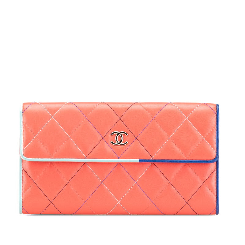シャネル マトラッセ ココマーク 長財布 オレンジ ブルー ラムスキン レディース CHANEL 【中古】