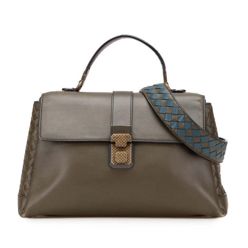 ボッテガヴェネタ イントレチャート ピアッツァ ハンドバッグ ショルダーバッグ 2WAY カーキ レザー レディース BOTTEGAVENETA 【中古】