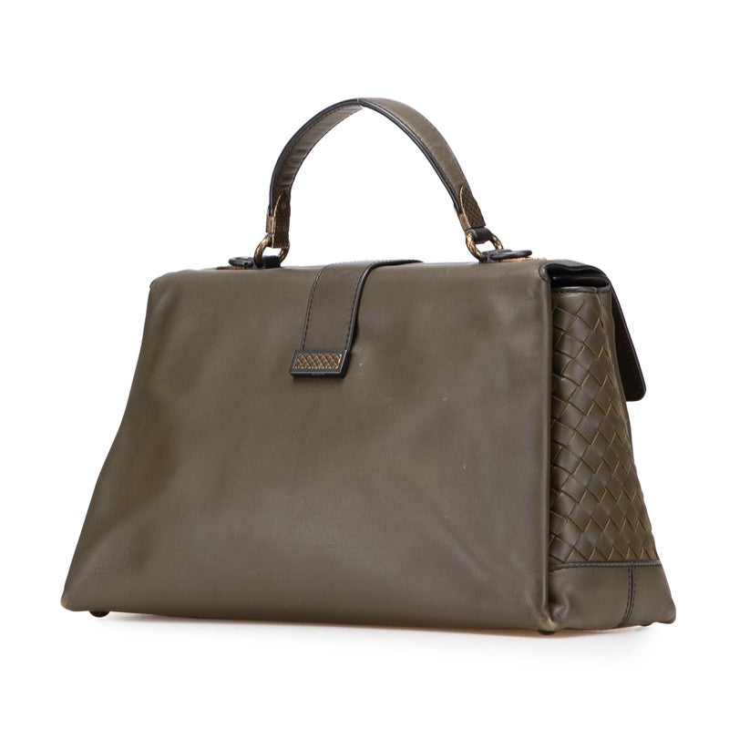 ボッテガヴェネタ イントレチャート ピアッツァ ハンドバッグ ショルダーバッグ 2WAY カーキ レザー レディース BOTTEGAVENETA 【中古】