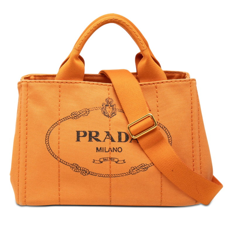 プラダ 三角ロゴプレート カナパ ミニ ハンドバッグ ショルダーバッグ 2WAY オレンジ キャンバス レディース PRADA 【中古】