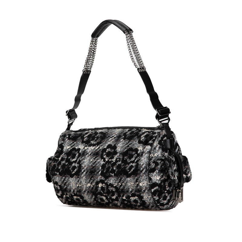 シャネル カメリア チェーン ショルダーバッグ グレー ブラック ツイード レザー レディース CHANEL 【中古】