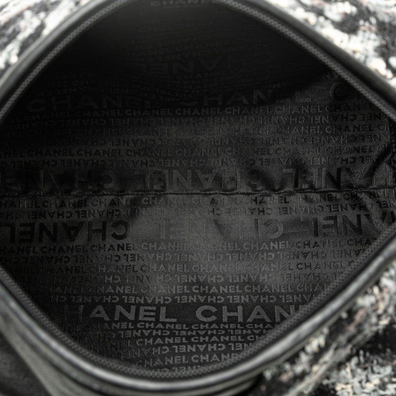シャネル カメリア チェーン ショルダーバッグ グレー ブラック ツイード レザー レディース CHANEL 【中古】
