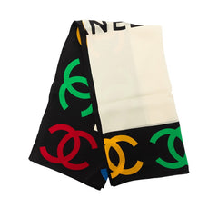 シャネル ココマーク ロゴ スカーフ マルチカラー ブラック アイボリー シルク レディース CHANEL 中古