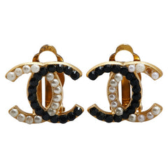 シャネル ココマーク ラインストーン イヤリング ゴールド ブラック ホワイト メッキ フェイクパール レディース CHANEL 【中古】
