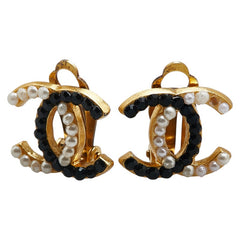 シャネル ココマーク ラインストーン イヤリング ゴールド ブラック ホワイト メッキ フェイクパール レディース CHANEL 【中古】