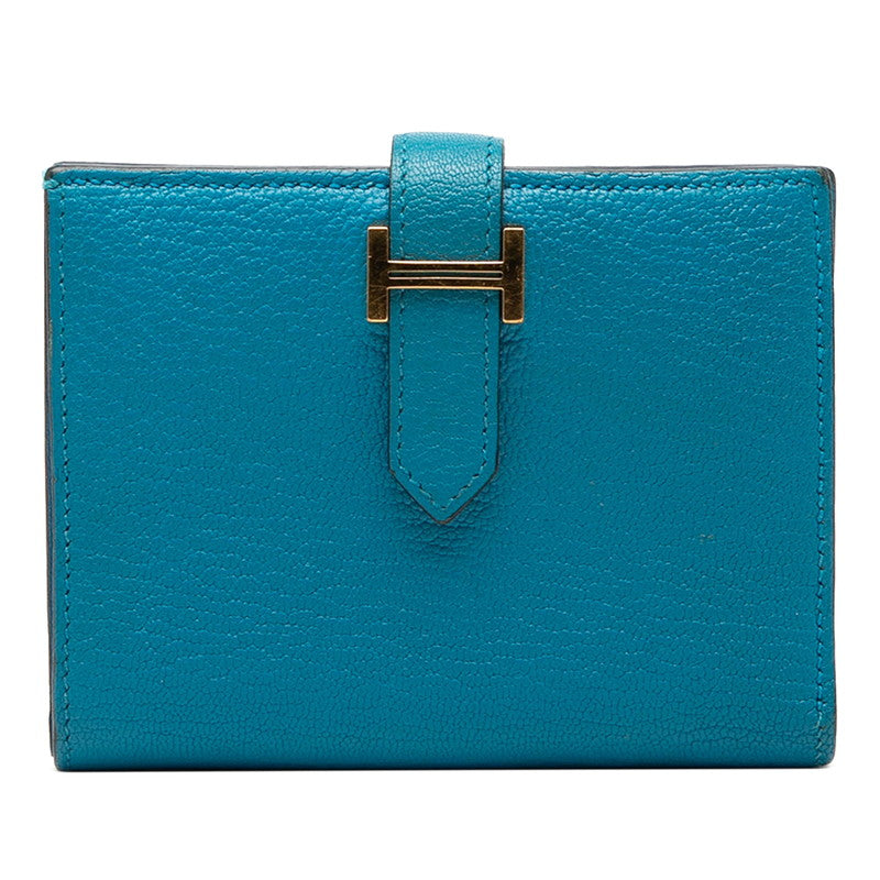 エルメス ベアンコンパクト 二つ折り財布 W刻印 ブルー系 ゴールド金具 シェブルミゾル レディース HERMES 【中古】