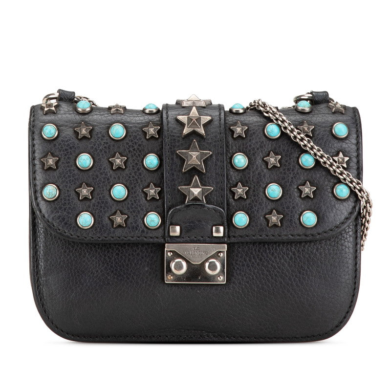 ヴァレンティノ スタースタッズ ターコイズ 斜め掛け チェーンショルダーバッグ ブラック レザー レディース VALENTINO 【中古】