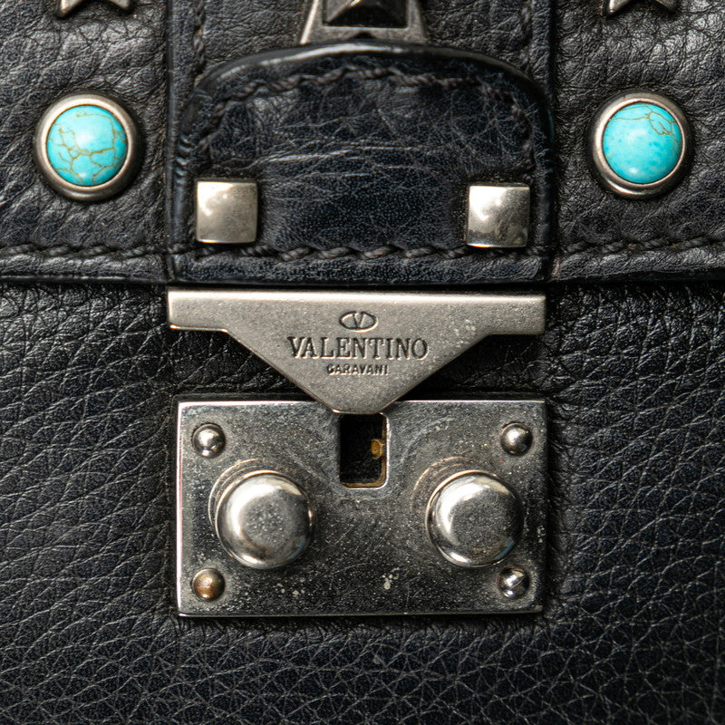 ヴァレンティノ スタースタッズ ターコイズ 斜め掛け チェーンショルダーバッグ ブラック レザー レディース VALENTINO 【中古】