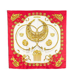 エルメス カレ90 黄金の騎士 LES CAVALIERS D'OR スカーフ レッド ホワイト ベージュ シルク レディース HERMES 【中古】