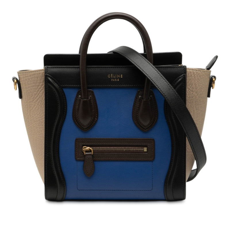 セリーヌ ラゲージ ナノショッパー トリコロール ハンドバッグ ショルダーバッグ 2WAY ブルー マルチカラー レザー レディース CELINE 【中古】