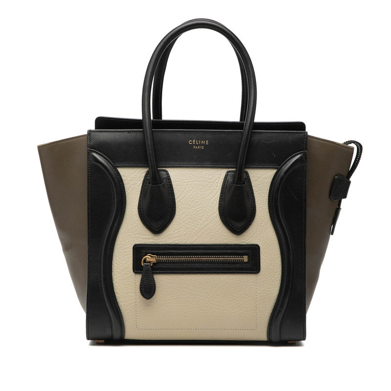 セリーヌ ラゲージ マイクロショッパー トリコロール ハンドバッグ ホワイト ブラック カーキ レザー レディース CELINE 【中古】