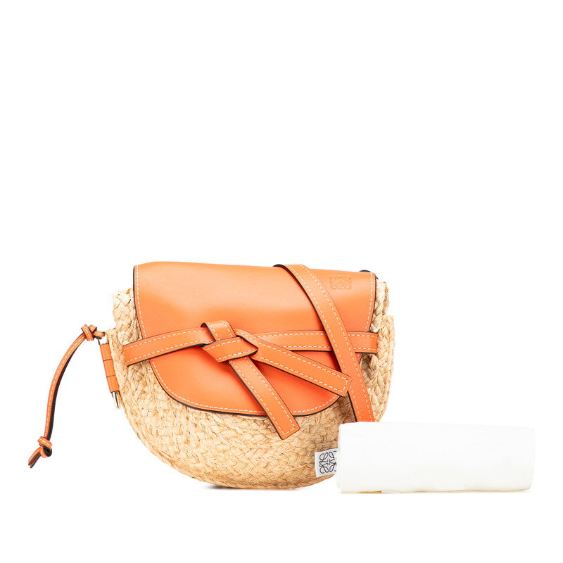 ロエベ アナグラム ゲートバッグ スモール 斜め掛け ショルダーバッグ オレンジ ベージュ ラフィア レザー レディース LOEWE 【中古】
