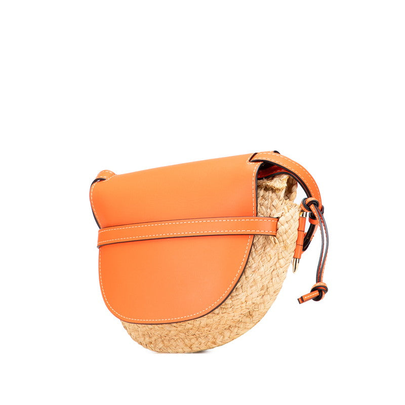 ロエベ アナグラム ゲートバッグ スモール 斜め掛け ショルダーバッグ オレンジ ベージュ ラフィア レザー レディース LOEWE 【中古】