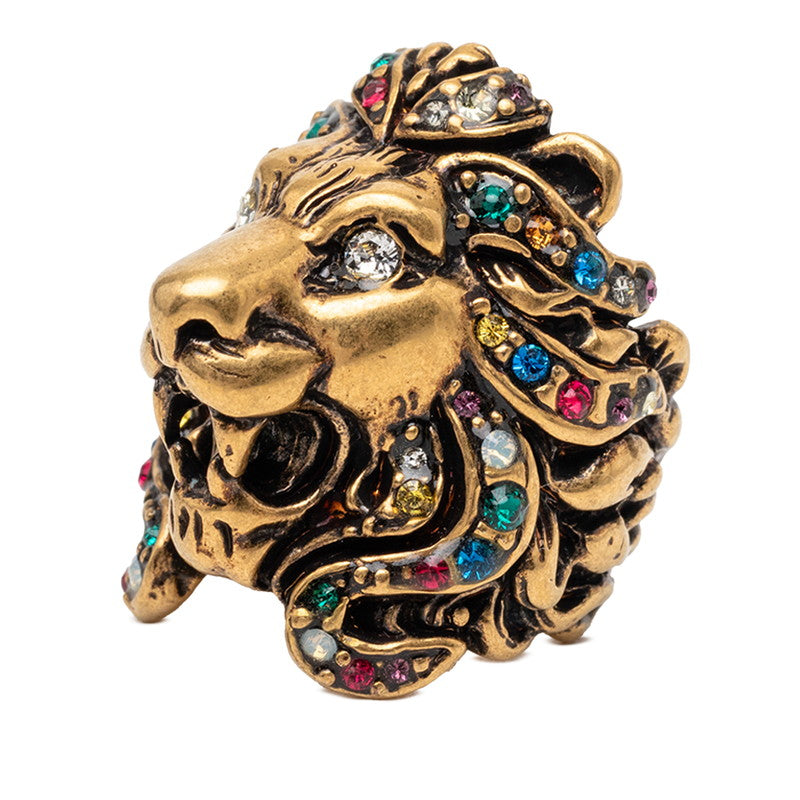 グッチ タイガーヘッド リング 指輪 #13 ゴールド マルチカラー メッキ ラインストーン レディース GUCCI 【中古】