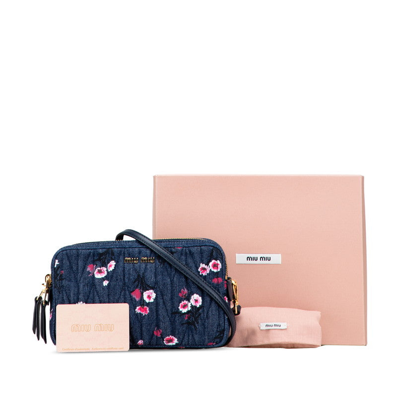 ミュウミュウ フラワー プリント ショルダーバッグ ブルー ピンク デニム レザー レディース MIUMIU 【中古】