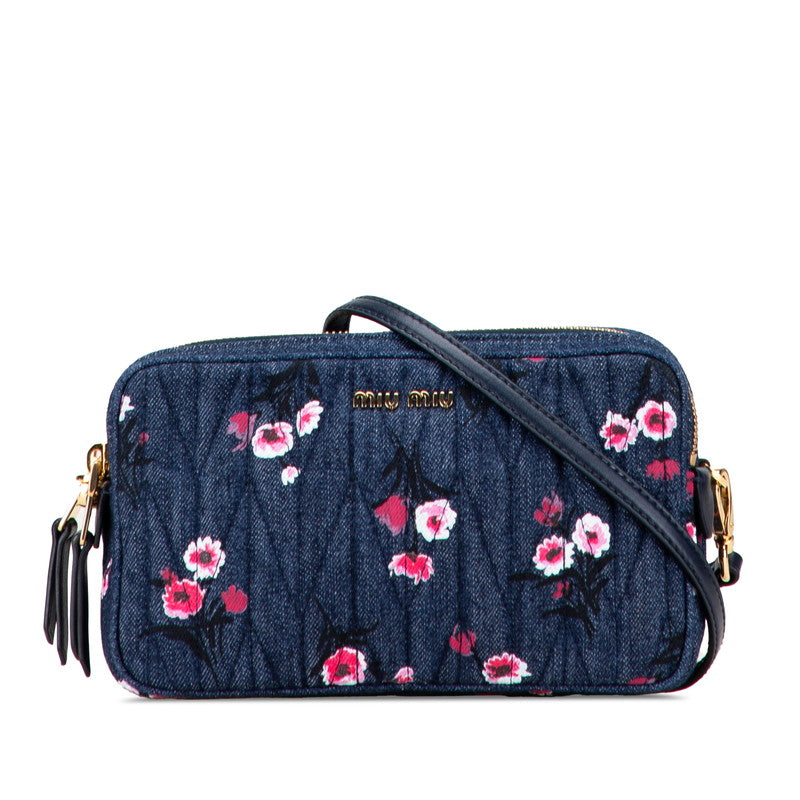 ミュウミュウ フラワー プリント ショルダーバッグ ブルー ピンク デニム レザー レディース MIUMIU 【中古】