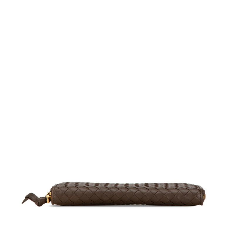 ボッテガヴェネタ イントレチャート ラウンドファスナー 長財布 ブラウン レザー レディース BOTTEGAVENETA 【中古】