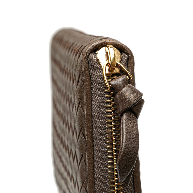 ボッテガヴェネタ イントレチャート ラウンドファスナー 長財布 ブラウン レザー レディース BOTTEGAVENETA 【中古】